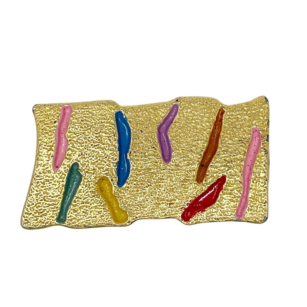 Vintage 80s Gold Tone Multicolor Abstract Belt Buckle Rectangle Statement Pop